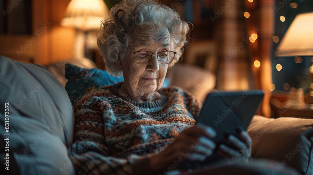 Elderly Woman in Cozy Sweater Using Tablet at Home in Warm Ambient Lighting Elderly Woman in Cozy Sweater Using Tablet at Home in Warm Ambient Lighting