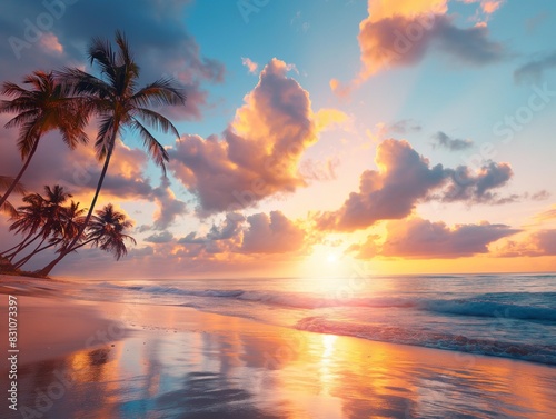 Beautiful sunrise over the tropical beach, beach with palm trees © mirifadapt