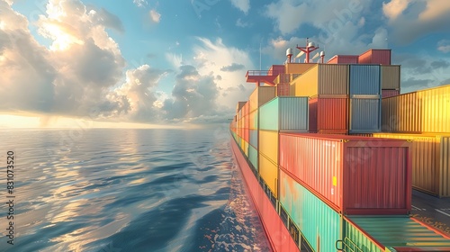 A large ship with colorful containers on its deck is seen in front of an ocean view. creating a dynamic scene representing commercial trade and global logistics. photo