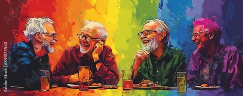 LGBTQ seniors laughing over a meal, rainbow flag backdrop, pop art style, bold colors, high contrast