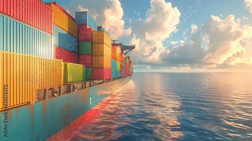 A large ship with colorful containers on its deck is seen in front of an ocean view. creating a dynamic scene representing commercial trade and global logistics. photo