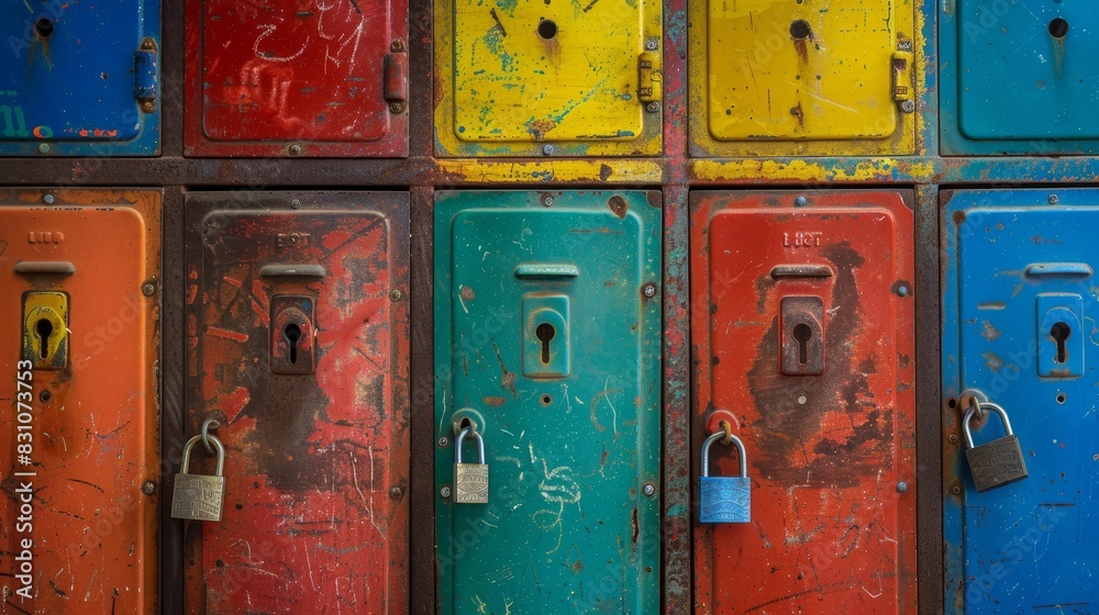 custom made wallpaper toronto digitalClose-up of vibrant old-school locker doors, each a different bright color, with detailed padlocks and scratches