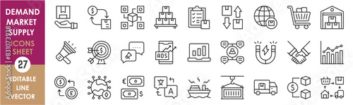 A set of line icons related to demand, supply and market. Business, goal, profit, advertise, currency, global trade, sell, buy, offer and so on. Vector outline icons set.