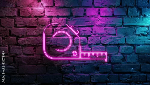 Video footage of Pink glowing Tape Measure Icon neon on brick wall background. Looped Neon abstract Lines. Laser Pictogram animation. Seamless loop. 4k video. photo