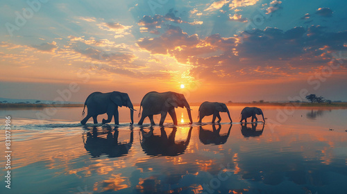 Elephants Walking Through Water at Sunset with Reflection Under Vibrant Orange Sky