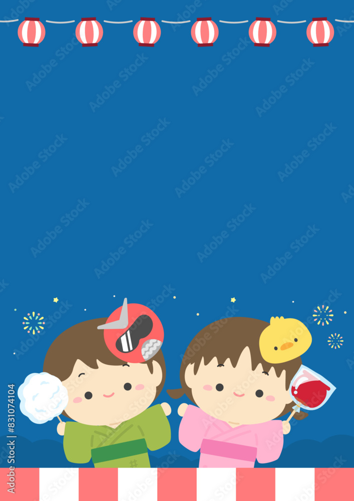 夏祭りの花火と子どもと提灯のフレーム背景素材、夏祭りのベクターイラスト10 夏祭りの花火と子どもと提灯のフレーム背景素材、夏祭りのベクターイラスト10