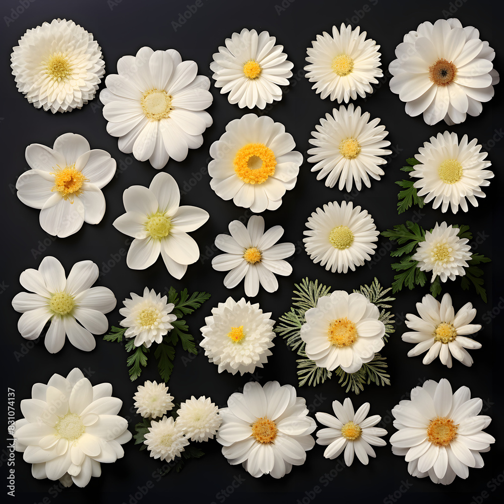 Top view of head shot flowers full depth of field on the photo. Big collection set of various white color Flowers isolated on White Background. Studio shot perfectly retouched, Flat lay. Top view of head shot flowers full depth of field on the photo. Big collection set of various white color Flowers isolated on White Background. Studio shot perfectly retouched, Flat lay.