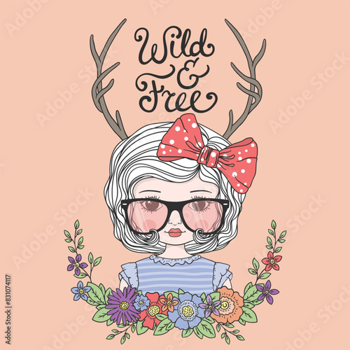 Cute girl with deer horns, sunglasses, floral wreath, Wild and Free slogan text for t shirt graphics, fashion prints, slogan tees, posters and other uses