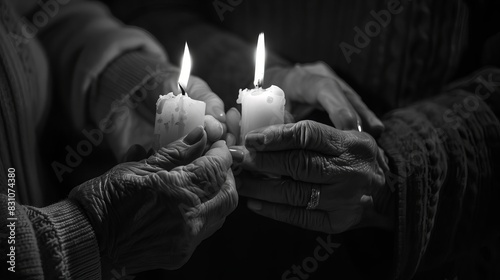 elderly hands holding glowing candles in darkness black and white photography