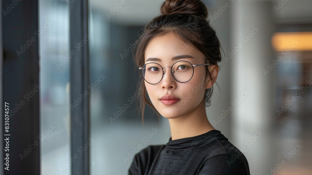 Confident Woman with Glasses in Modern Office Setting with Soft Lighting and Neutral Tones Confident Woman with Glasses in Modern Office Setting with Soft Lighting and Neutral Tones