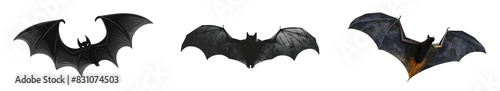 Black silhouette bats flying at night, cut out - stock png. photo