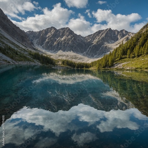 A serene mountain lake, its still waters reflecting the surrounding peaks like a mirror.