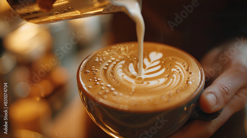 Barista Creating Beautiful Latte Art in a Dark Blue Cup on a Wooden Table in Warm Cafe