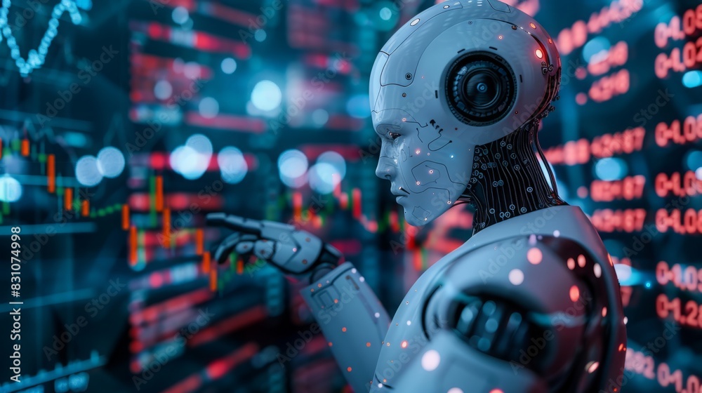 A robot is facing a large wall filled with data, processing and analyzing information displayed on the screen.