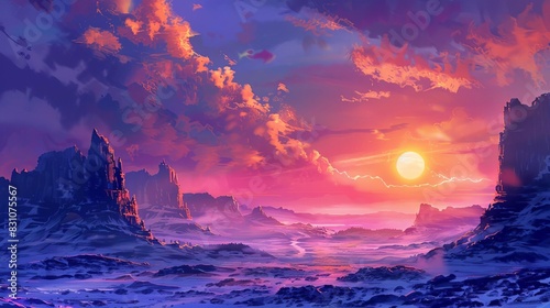 enchanting anime sunrise over yule scenery with vibrant rocky desert landscape magical winter solstice celebration digital painting