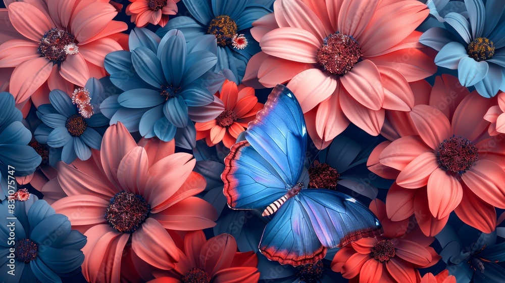 Close-up 3D vibrant pink and blue flowers with a butterfly detailed in gold tint, vivid colors, intricate petal patterns, dynamic composition