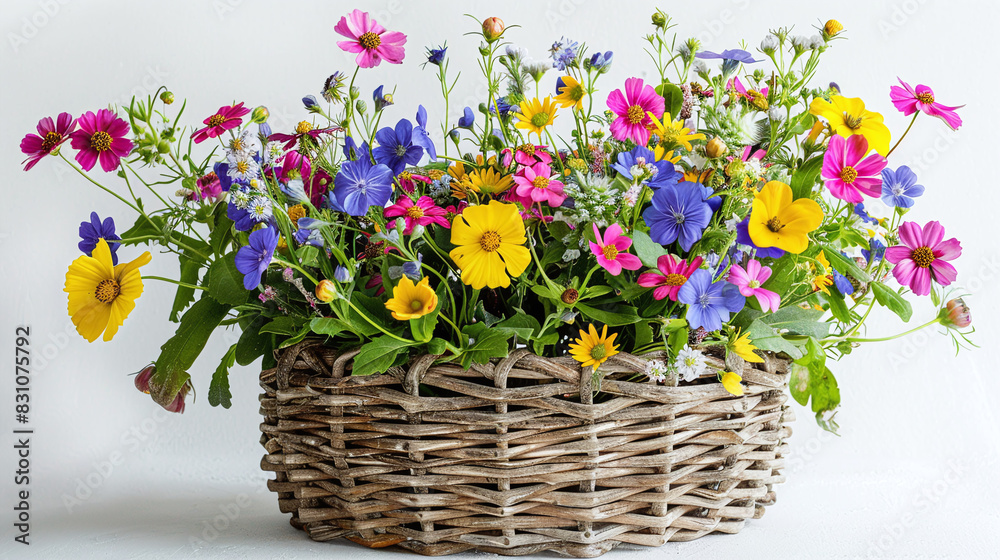 Vibrant Wildflower Bouquet in Woven Basket with Green Leaves on White Background Spring Floral Decor