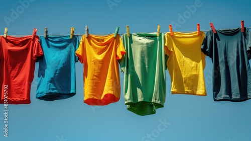Brightly colored T shirts hanging on a clothesline under a clear blue sky