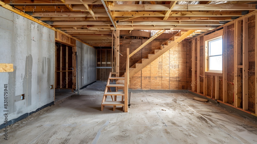 A photo of an unfinished basement with wooden frame walls and staircase, showing the rough construction process and potential for future development in home hunting. A photo of an unfinished basement with wooden frame walls and staircase, showing the rough construction process and potential for future development in home hunting.