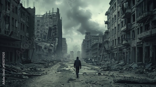 Lone survivor walking down a desolate street in a ruined city