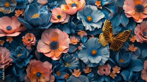 Bright 3D flowers in shades of pink and blue with a golden butterfly, richly detailed, high contrast, and dynamic flow, artistic and lively © Paul