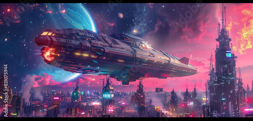 A panoramic view of a sleek spaceship hovering over a neon-lit, retro-futuristic cityscape under a vibrant, star-studded sky.