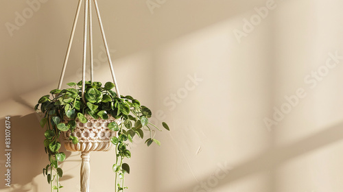 Hanging Macrame Plant Holder with Lush Green Leaves on Beige Wall in Sunlit Room