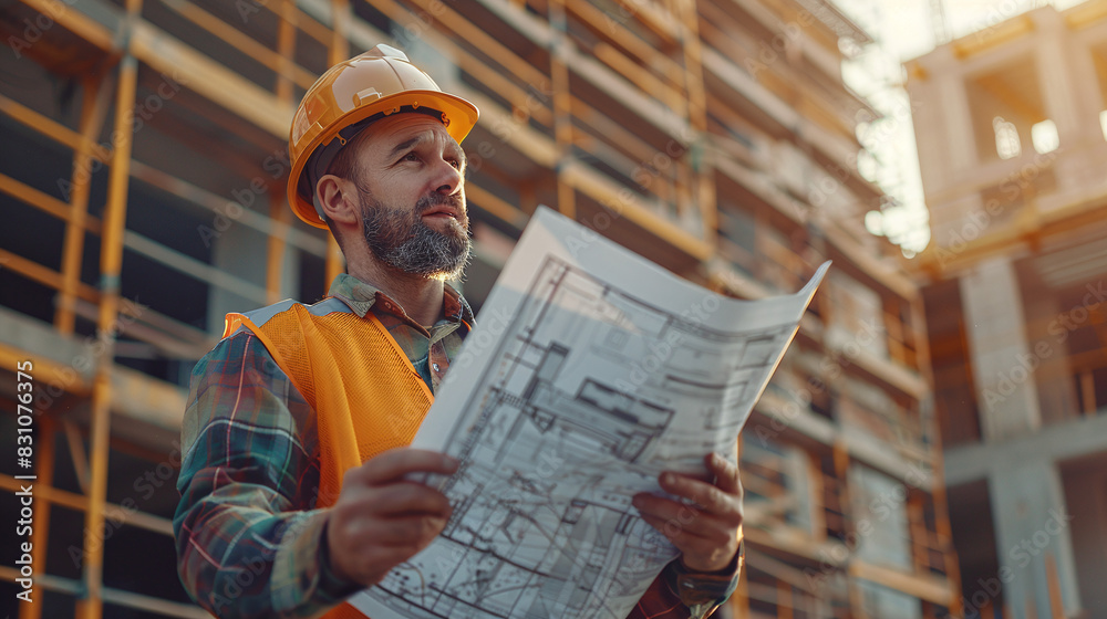 Construction Engineer Holding Blueprint at Building Site with Scaffolding in the Background Construction Engineer Holding Blueprint at Building Site with Scaffolding in the Background