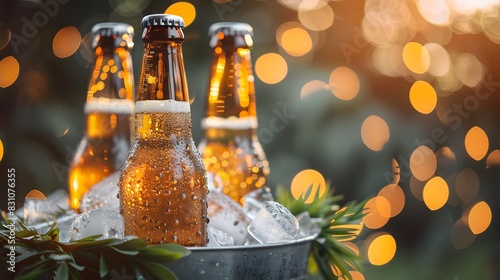 A beer bottles in an ice bucket, with the focus on their frosted surfaces and sparkling glass bodies. Creating a cheerful atmosphere for a refreshing drink moment. photo