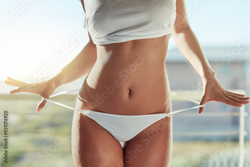 Billede på lærred Woman, underwear and remove panties for seduction, erotic and sexy lingerie for fashion in home