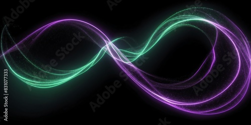 abstract luminous purple and green curve trail of glowing glitters on plain black banner design background