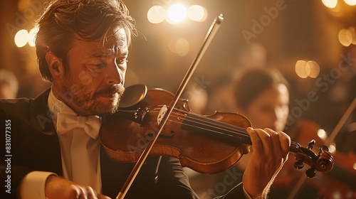 Focused Violinist in Elegant Black Suit Playing Violin Under Warm Concert Hall Lights photo