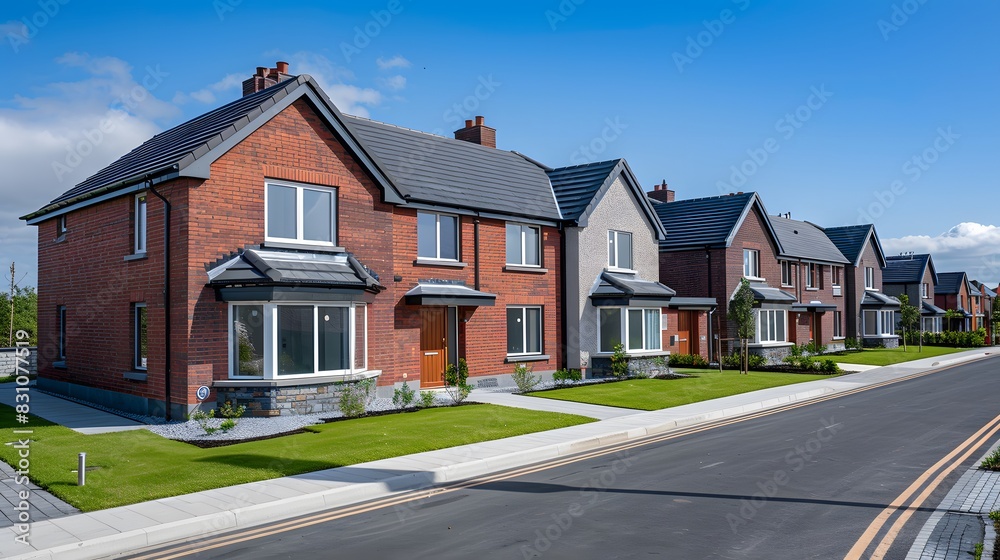 A photo of contemporary red brick houses in an Irish suburban setting with green lawns and blue skies.