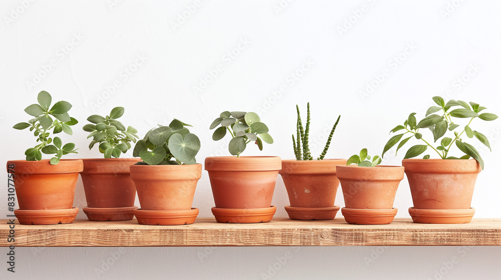 Succulent Plants in Terracotta Pots on Wooden Shelf Against White Wall Interior Home Decor Succulent Plants in Terracotta Pots on Wooden Shelf Against White Wall Interior Home Decor