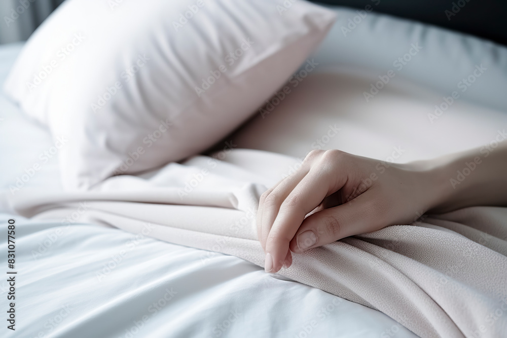 A hand gently rests on a neatly made bed with white sheets and a pillow, conveying a sense of calm A hand gently rests on a neatly made bed with white sheets and a pillow, conveying a sense of calm