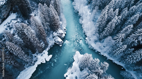 An aerial view of a snowy canyon with a turquoise river, surrounded by a dense, snow-covered forest