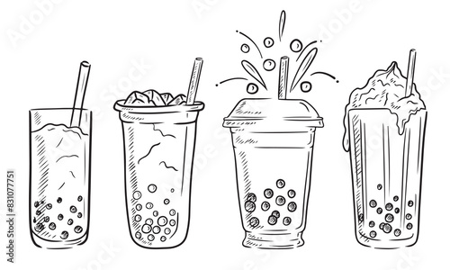 Set of background tasty bubble milk tea with cream on the top and straw in glass cup in black isolated in white background. Hand drawn vector sketch illustration in doodle vintage engraved style.