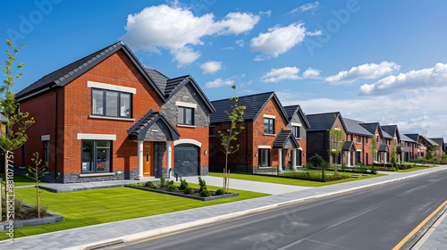 A photo of contemporary red brick houses in an Irish suburban setting with green lawns and blue skies.