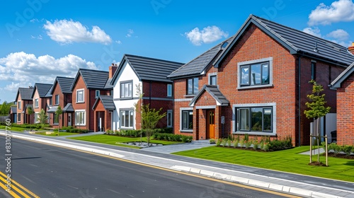 A photo of contemporary red brick houses in an Irish suburban setting with green lawns and blue skies.