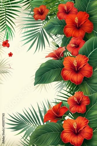 Red Flower and Green Leaves on White Background