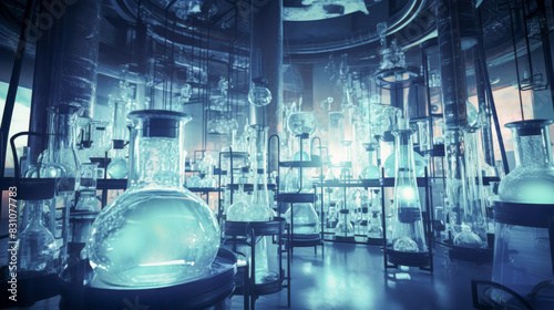 An enigmatic laboratory with various glass containers  glowing lights  and a mystical atmosphere under dim blue lighting