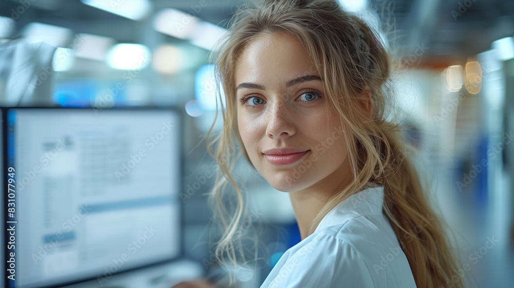 Smiling Professional Woman Working at Computer in a Modern Office During Daytime Smiling Professional Woman Working at Computer in a Modern Office During Daytime