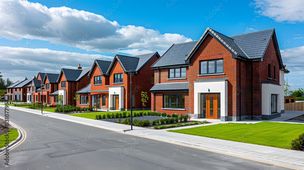 A photo of contemporary red brick houses in an Irish suburban setting with green lawns and blue skies.