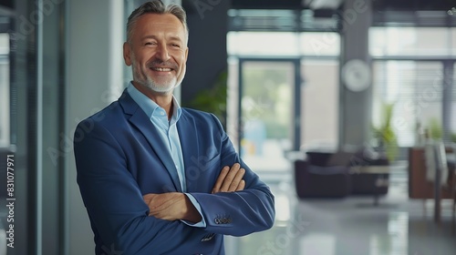 Smiling confident middle aged business man mature older professional company ceo corporate leader wearing blue suit standing in modern office with arms crossed looking at camera vertic : Generative AI photo