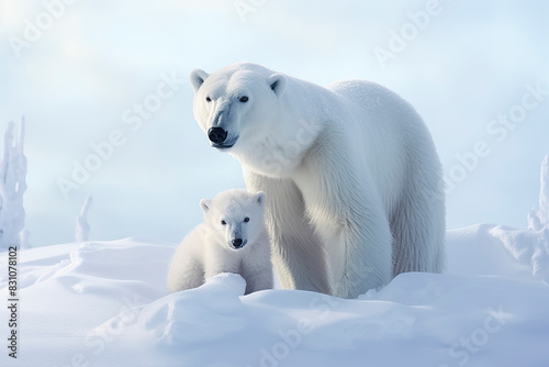 a polar bear and cub in a snowy landscape, exuding calmness and the beauty of nature