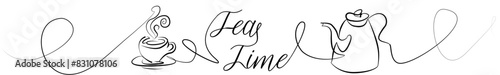 One continuous line drawing with teapot and steaming teacup with the words tea time Vector Graphic Illustration for Canva, presentation, decoration photo