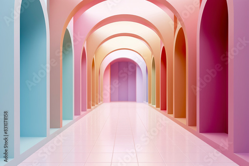 A colorful corridor with arches transitioning from blue to red hues, reflecting a serene and mystical atmosphere