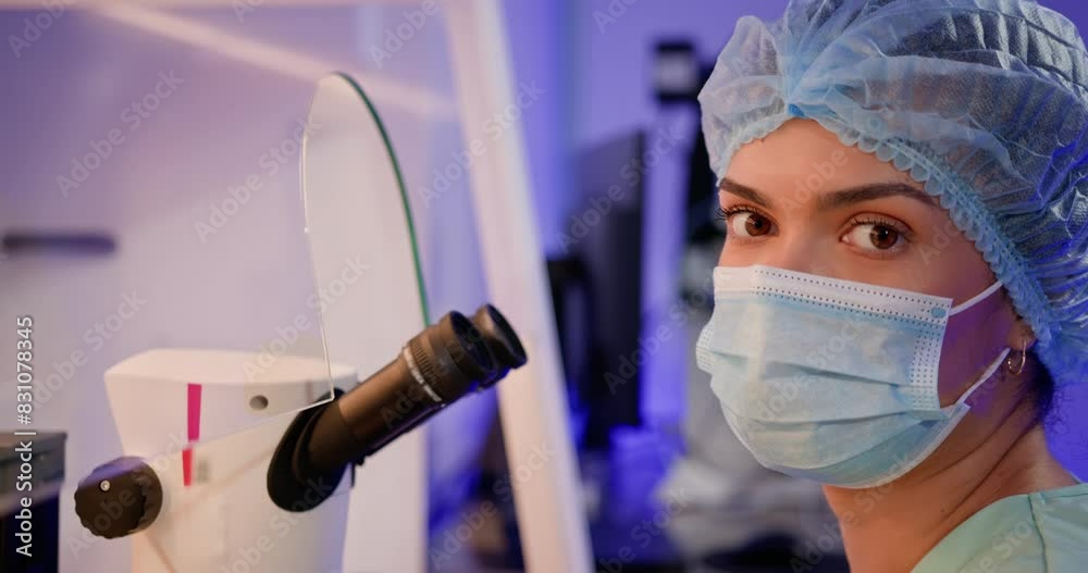 Medical, microscope check and woman scientist doing research for dna and laboratory work for science. Lab worker, analytics and biotechnology of a clinic Modern Laboratory with Technological Equipment Medical, microscope check and woman scientist doing research for dna and laboratory work for science. Lab worker, analytics and biotechnology of a clinic Modern Laboratory with Technological Equipment