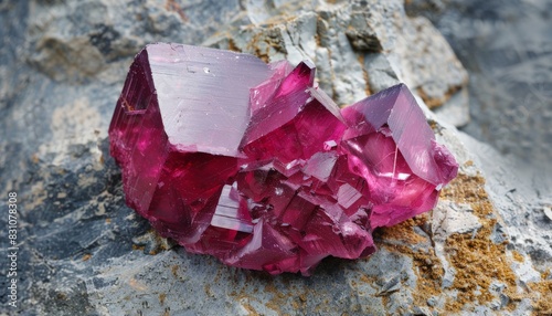 Pink crystals of rhodonite on a gray stone background. photo