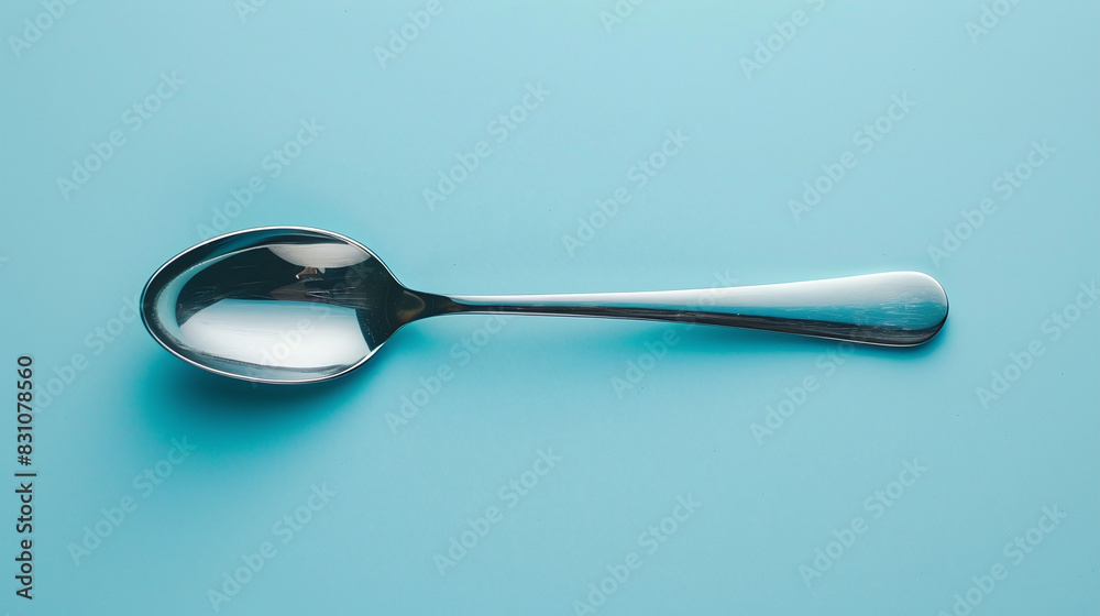 Stainless Steel Spoon on Light Blue Background Kitchen Utensil Flat Lay Minimalist Design Stainless Steel Spoon on Light Blue Background Kitchen Utensil Flat Lay Minimalist Design